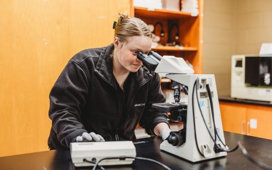 a person in a lab looking through a microscope